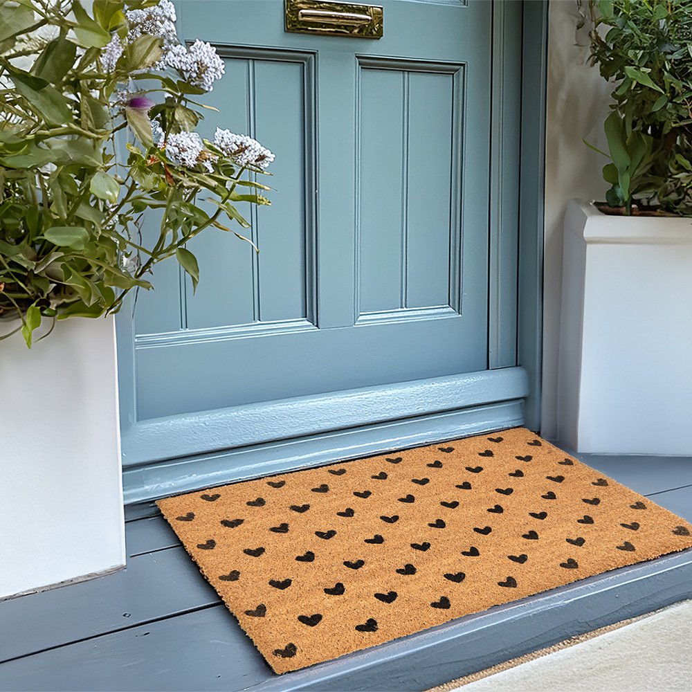 Fußmatte Braun Schwarz "Herzen", Kokosnuss und Gummi 75x45x1 cm